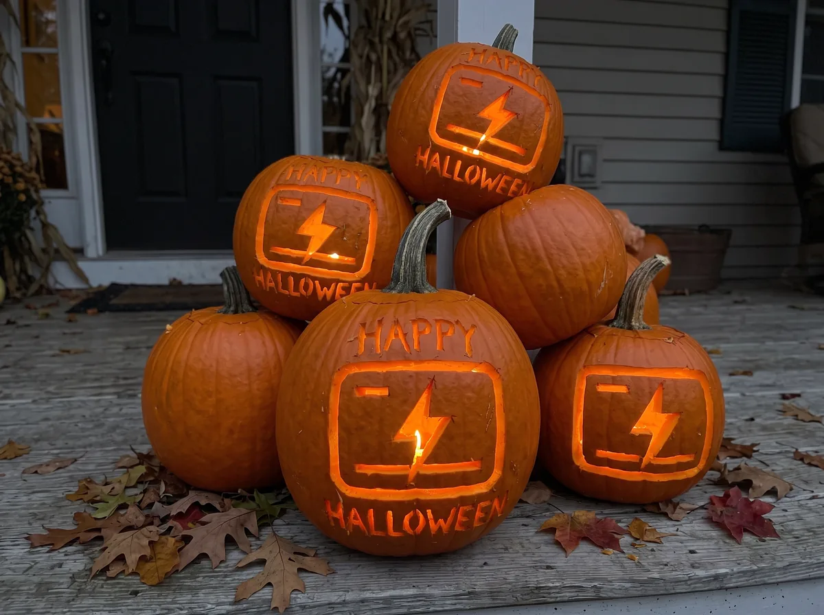 Stack of carved pumpkins with the lightning-bolt logo and the words Happy Halloween on a porch