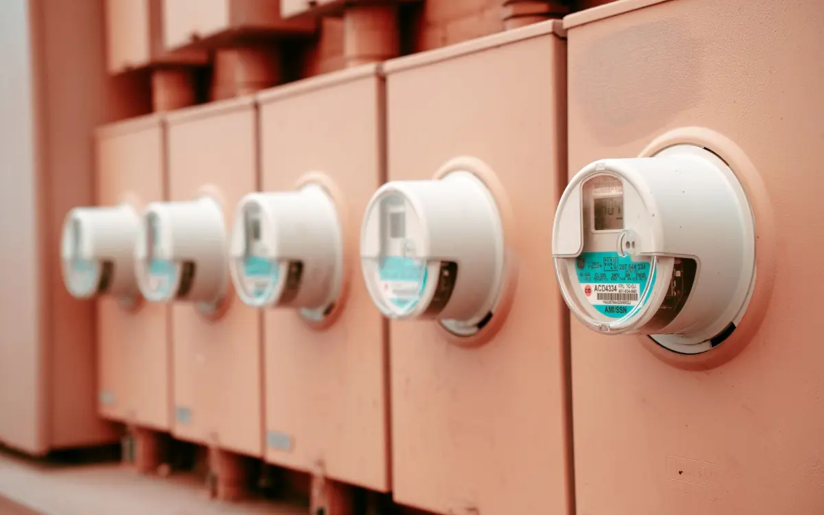 Row of gas meters on a building wall