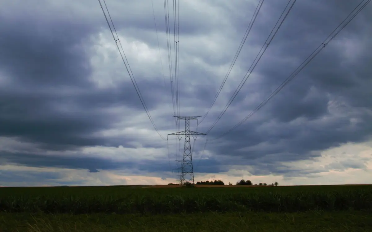 Power lines crossing open farmland under a grey sky