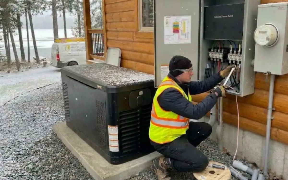 Technician connecting the transfer switch next to a whole-home standby generator