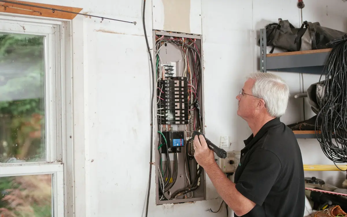 Electrician checking a home electrical panel before a standby generator transfer switch install